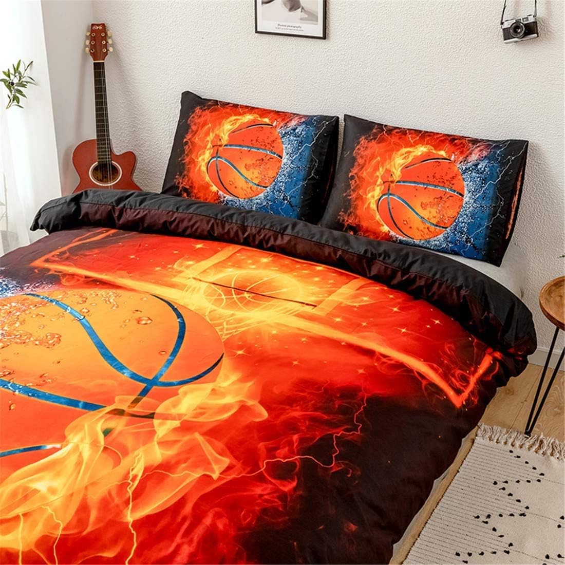 3D Sports Fire Basketball Bedding Set for Teen Boys,Duvet Cover Sets with Pillowcases,Queen Size 87”x94”,3PCS,1 Duvet Cover+1 Pillow sham