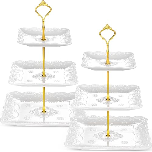 Tatuo 2 soportes de porcelana de 3 niveles para cupcakes, torre para tartas, pastelería para servir postres, soporte escalonado de cerámica blanca