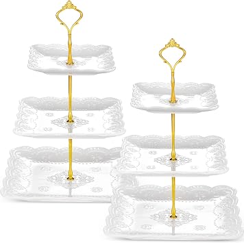 Tatuo 2 Pcs 3 Tier Porcelain Cupcake Stand, Cup Cake Holder Tower, Pastry Serving Elegant Dessert White Ceramic Tiered Stand for Wedding, Birthday, Tea Party(Lace Square Shape)