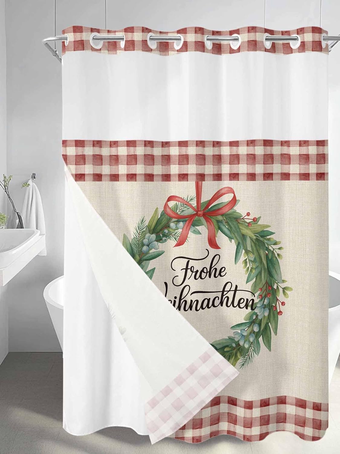 No Hook Shower Curtain, Merry Christmas Standard Shower Curtains with Snap in Liner, Xmas Wreaths Burlap Red Plaid Rustic Waterproof Washable Fabric Bathroom Curtain Sets, 60" x 72"