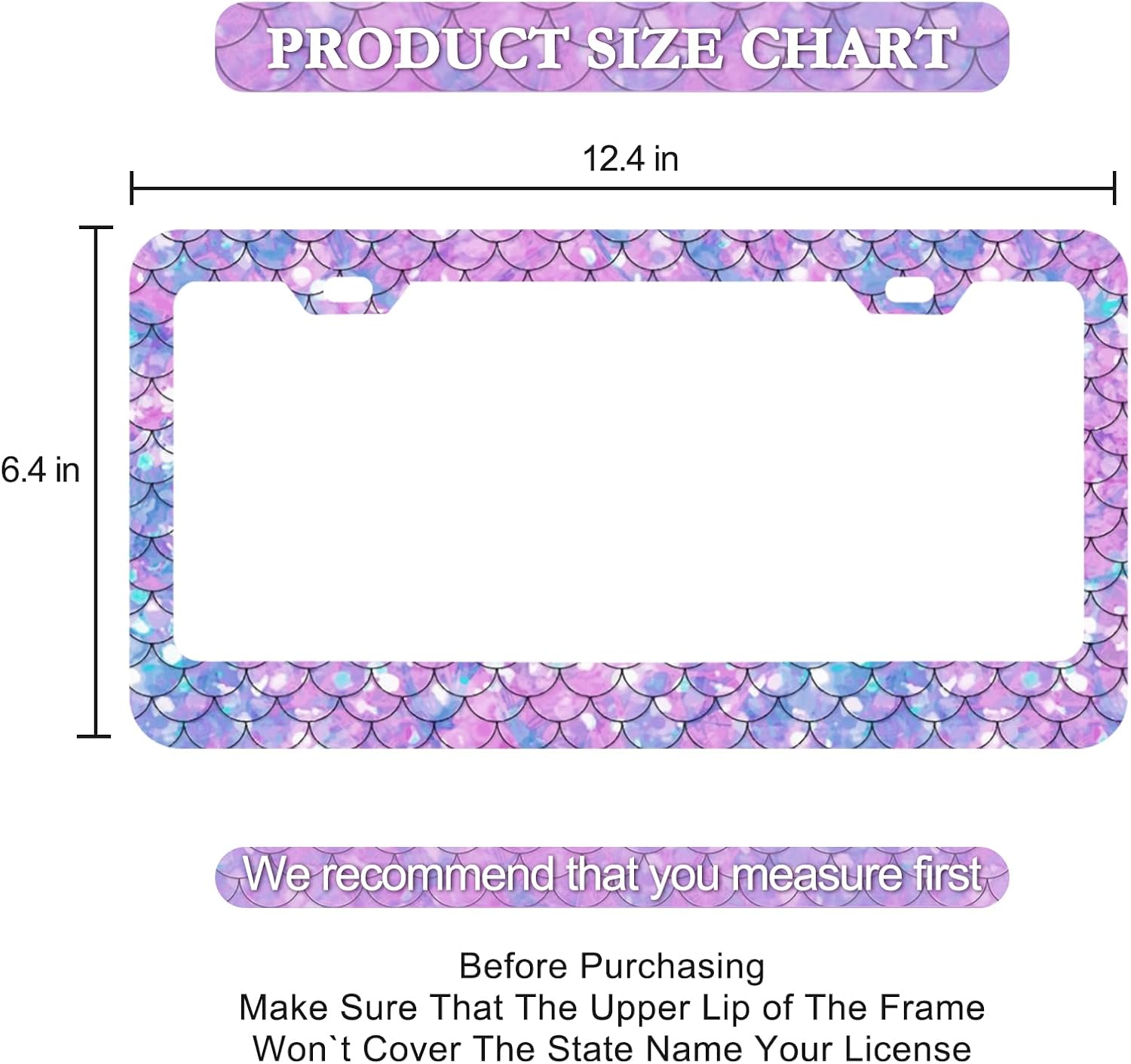 Fish Scales License Plate Frames, Colorful Pink Purple Aluminum Metal License Plate Holder Covers, Rust-Proof Waterproof Car Decorative Tag Frames for Standard US 12x6 Inch image 2