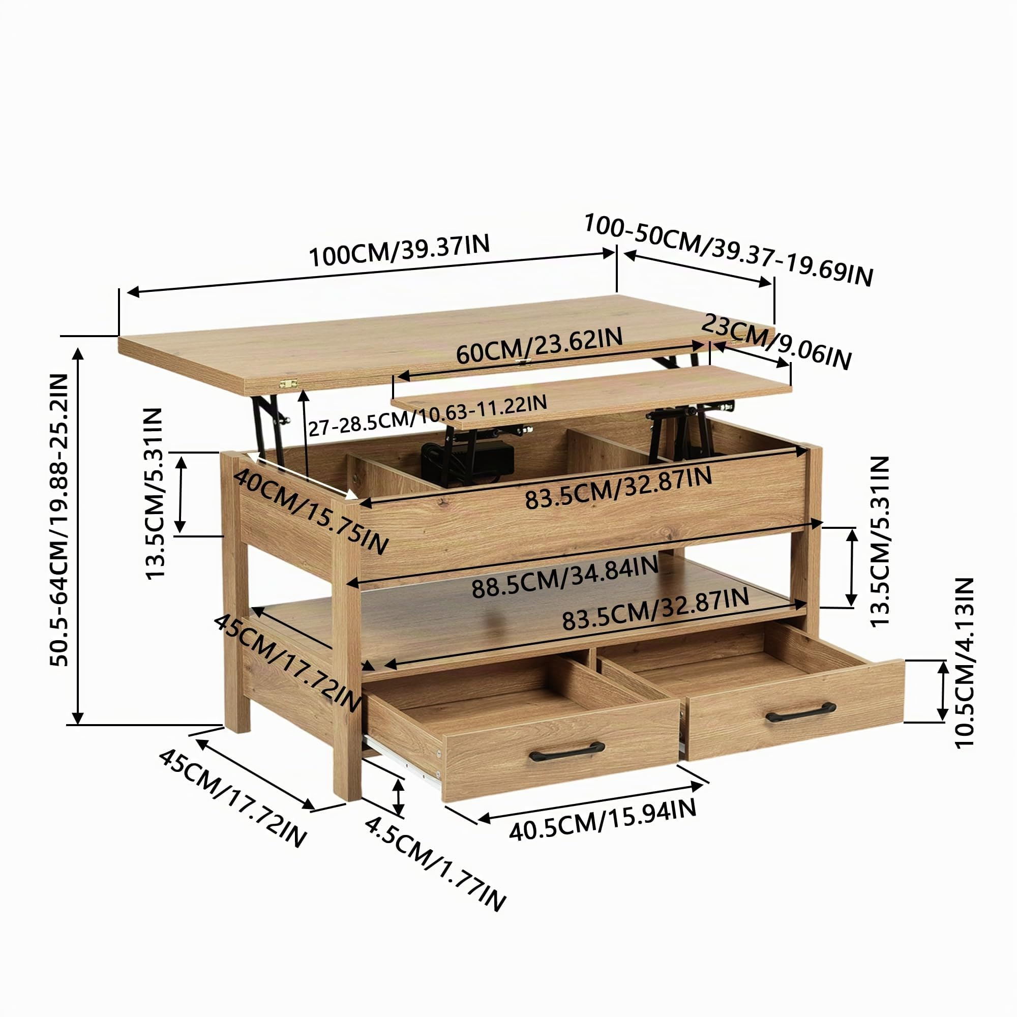 Tavolino da Salotto Regolabile in Altezza, Tavolo Pieghevole Allungabile Trasformabile in Tavolino da Caffè con Cassetti e Vano Nascosto Salotto Moderno Mobili Soggiorno/100x50x50CM-Stile-A/Faux Oak