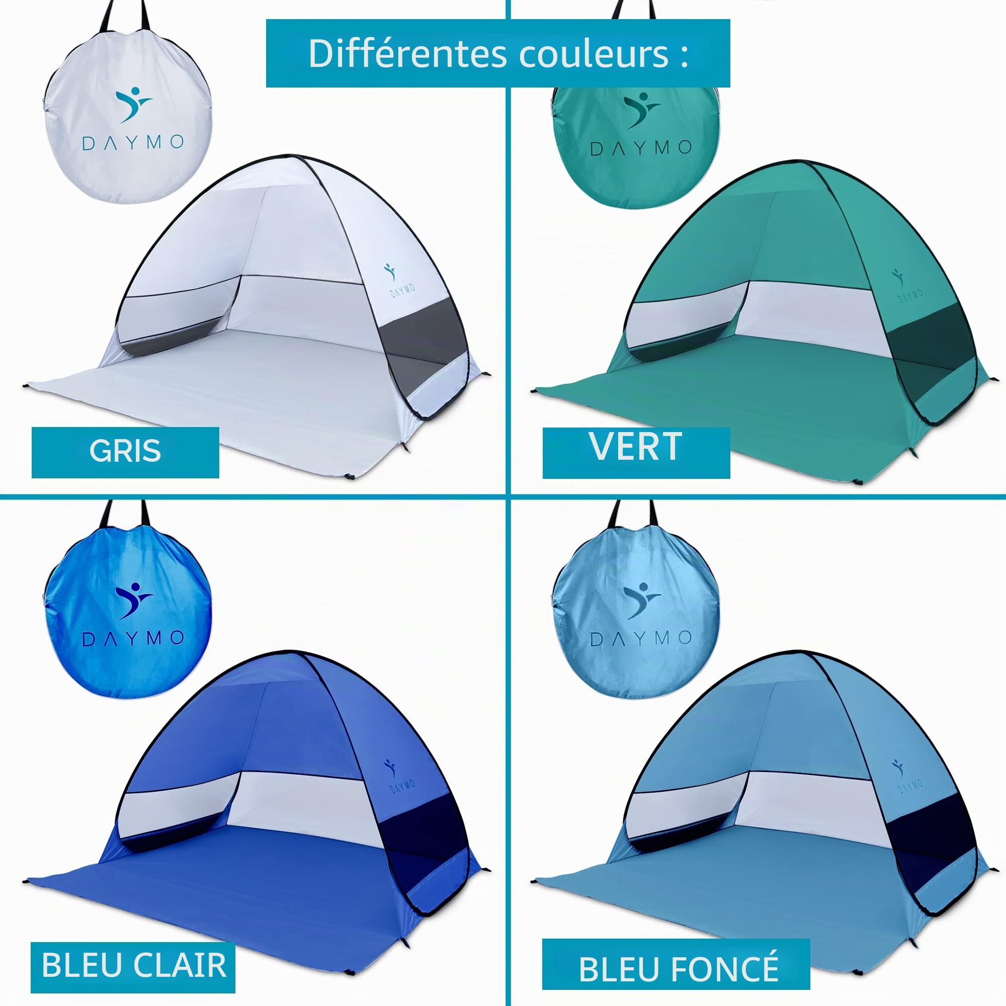 DAYMO Tente de plage 190 x 160 cm I avec protection UV 50+ I Protection contre le vent auto-déployante I Tente pop-up