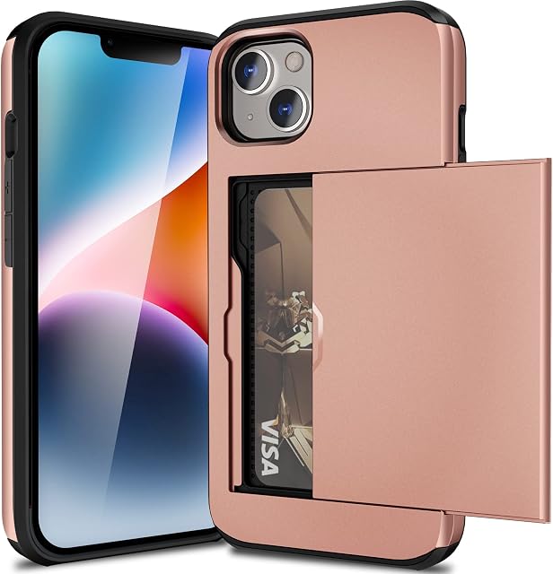 ACOCOBUY Compatible with iPhone 14 Case Shockproof Wallet Case for iPhone 14 Case with Card Holder Protective Dual Layer Armor Phone Case Rubber Bumper Cover for iPhone 14 Card Slot Case Rose Gold