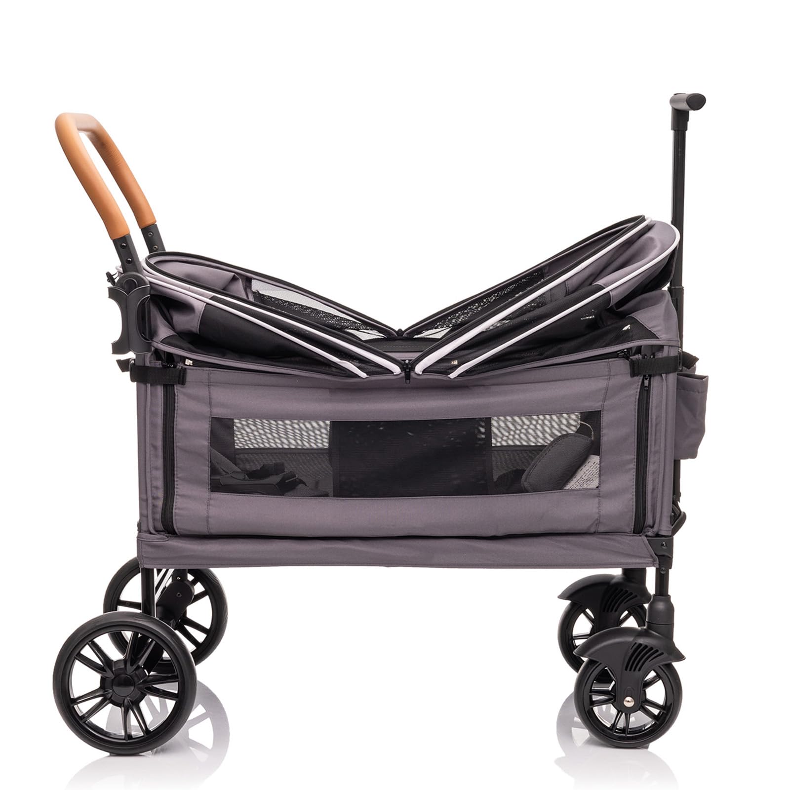vickey Carrello pieghevole con tetto per 2 bambini, carrello cargo, pieghevole, con manico scorrevole, Duo, resistente agli urti, ruote in poliuretano con freni, portabevande, 100 l, colore: grigio