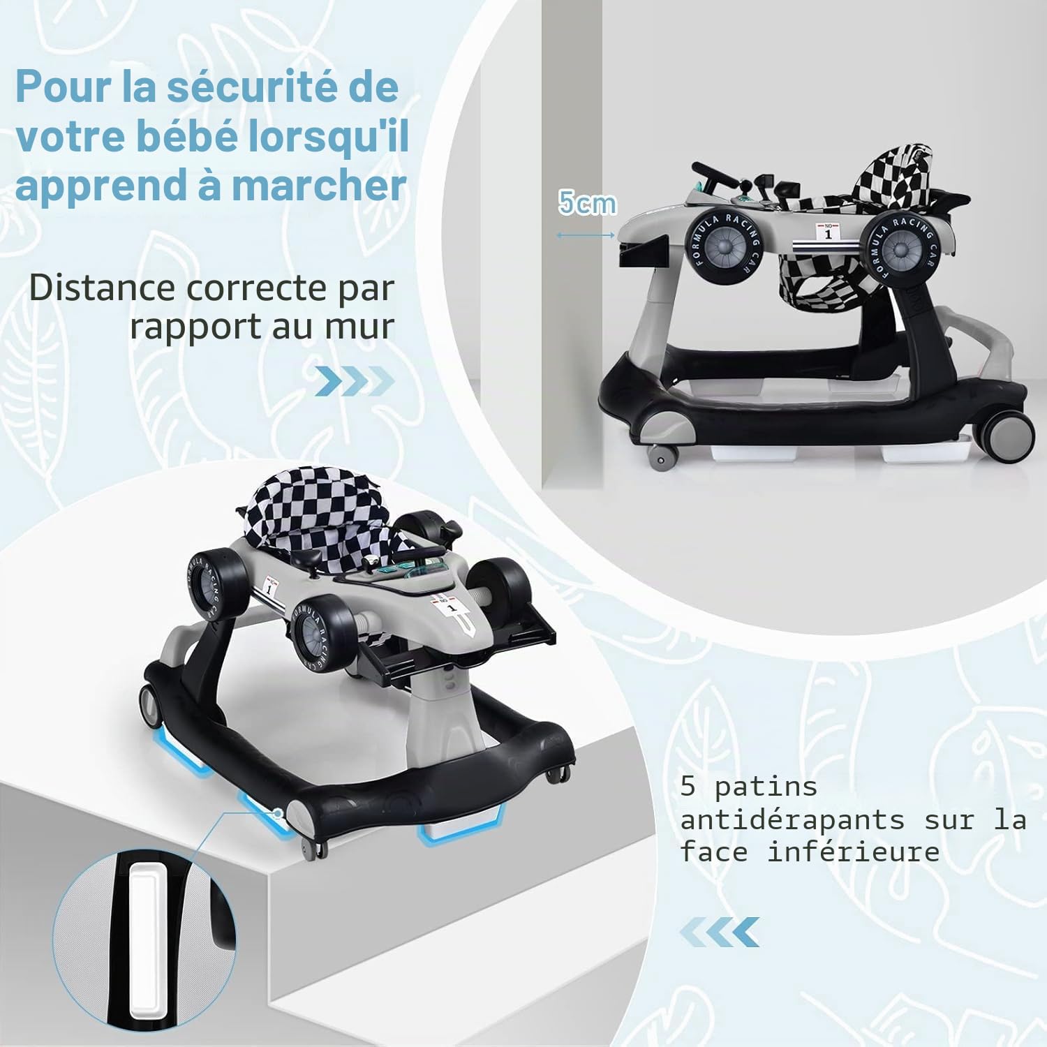 FANTASK Trotteur 4 en 1 avec hauteur et vitesse réglables, Baby Walker avec boîte à musique, lumières et roues, bébé à partir de 6 mois, charge maximale 12 kg (gris)