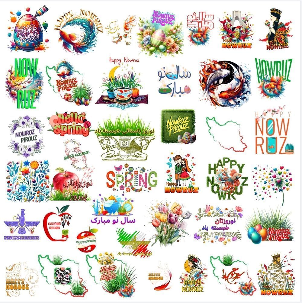 Happy Nowruz DTF Transfers Ready to Press - Persian New Year Gang Sheet for T-Shirts, 8x8 Inch Haft Sin Table DTF Prints, Nowruz Mubarak Heat Transfer Decals, Hello Spring Iron on Patches