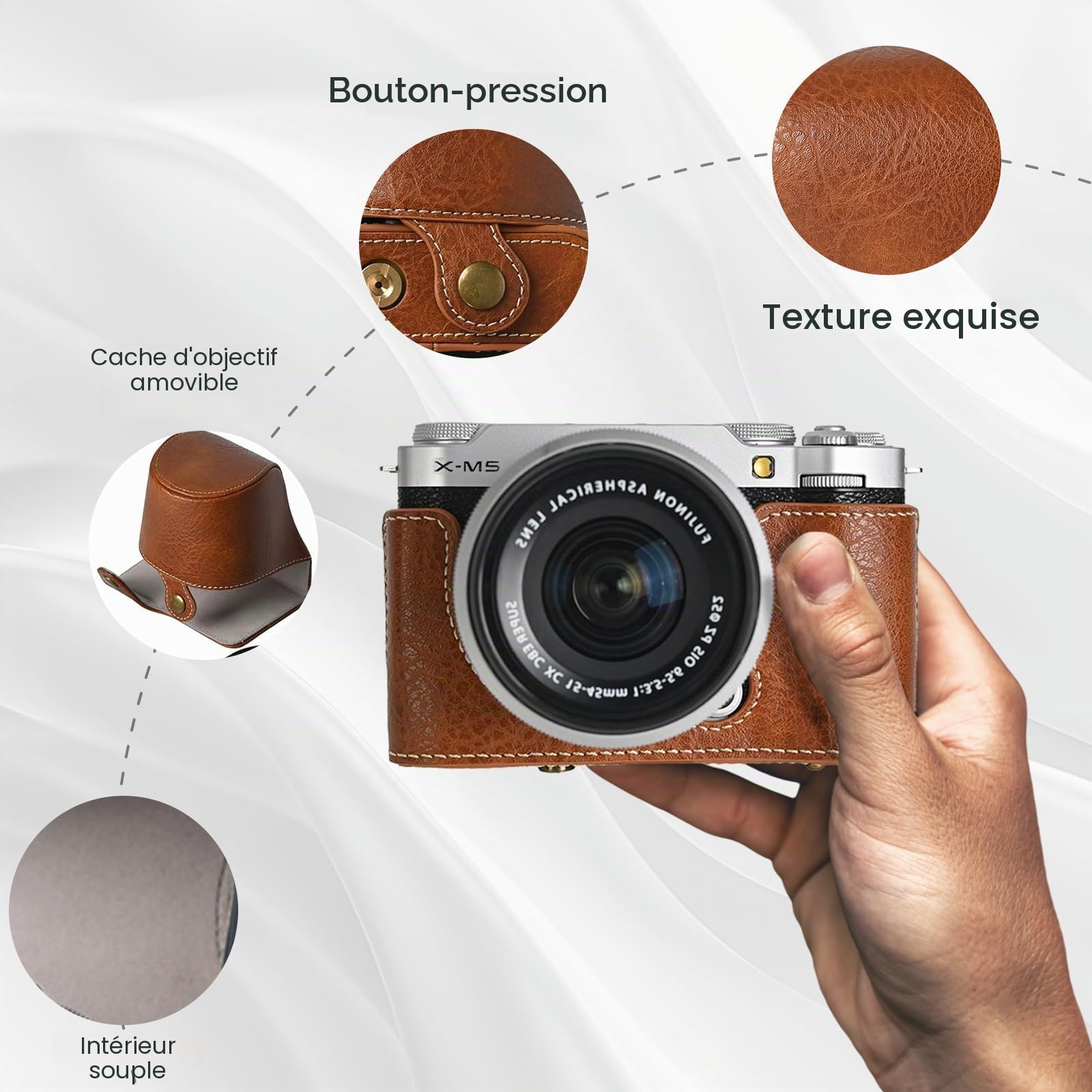 Étui de protection Fujifilm X-M5 sans miroir, demi-coque avec coque avant et bandoulière, bouton pression, café