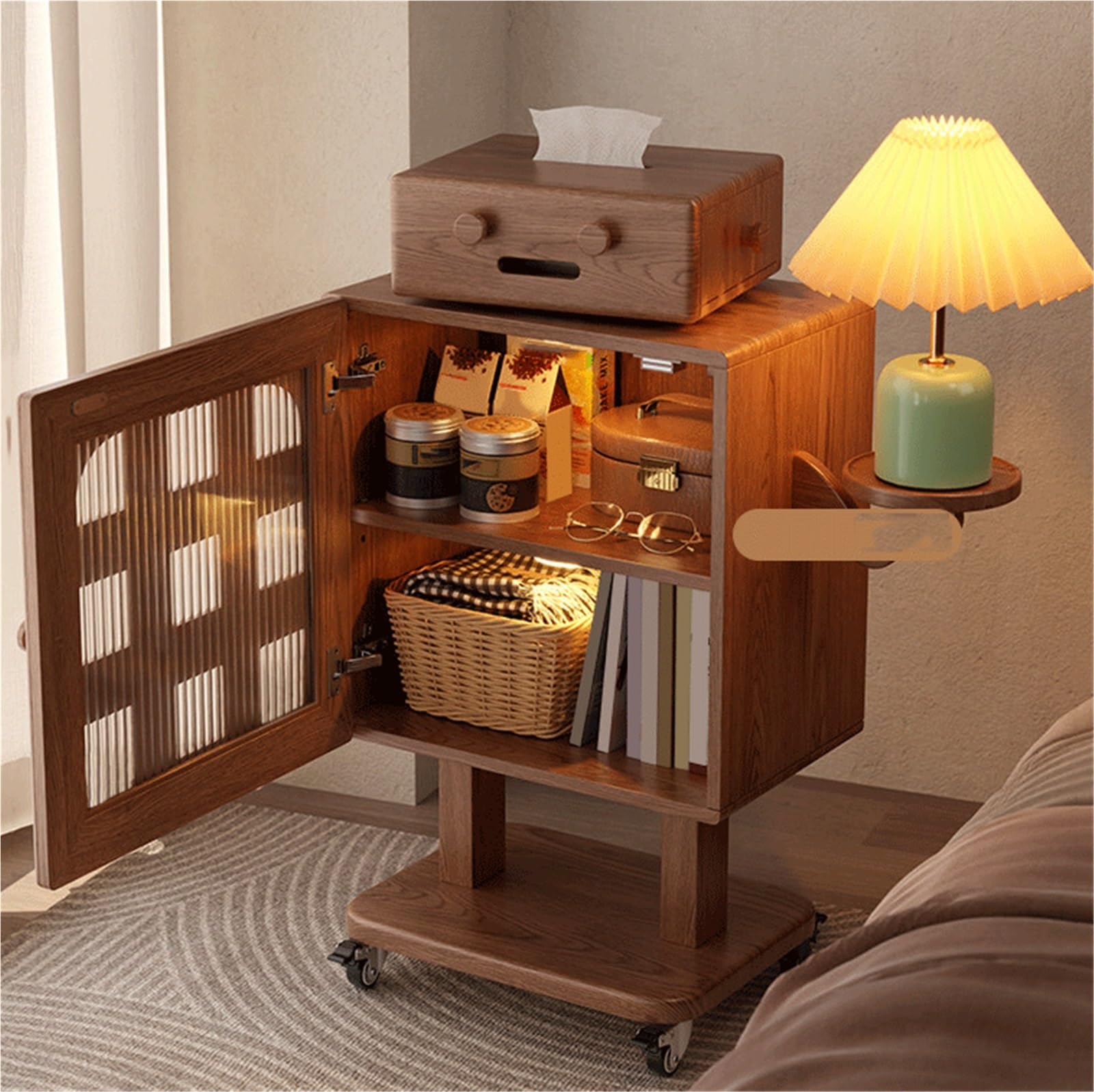 Nachttisch Movable Solid Wood Bedside Table Suitable for Bedrooms | With wheels storage cabinet vintage cream style