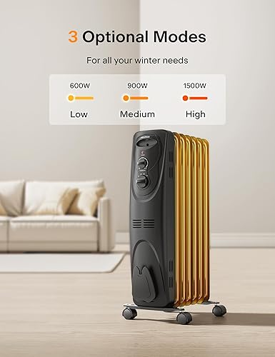 Vista 4 de PELONIS Radiator Heater for Large Space, Electric Oil Filled Radiator, Dual Knobs, 1500W, Quiet Space Heater, 3 Modes, Tip-over Protection Negro