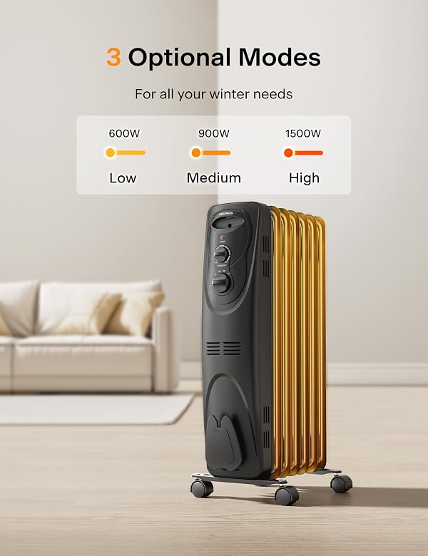 PELONIS Radiator Heater for Large Space, Electric Oil Filled Radiator, Dual Knobs, 1500W, Quiet Space Heater, 3 Modes, Tip-over Protection by PELONIS - Image 4