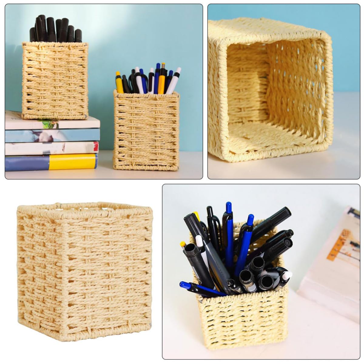 VILLCASE 2 Cajas De Papelería Decorativas Contenedor De Bolígrafos Tejido Portalápices De Algas Marinas Contenedores De Escritorio De Oficina Cesta De Almacenamiento
