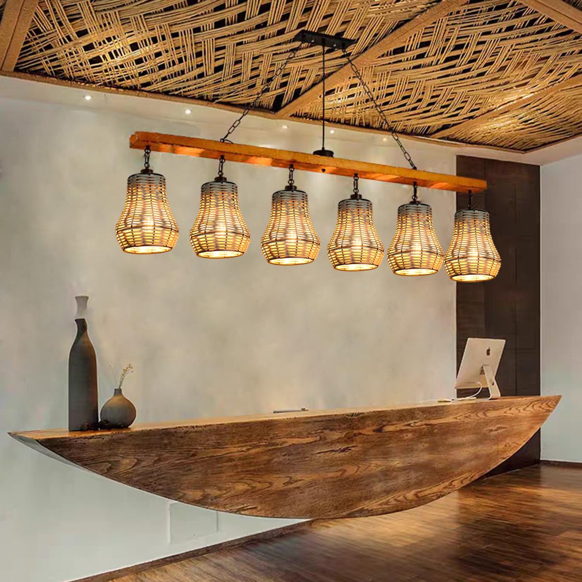 6 PACK Rattan Lamp Shades Pendant Light Cover,Small Boho Lamp Shades Replacement,Handwoven Rattan Natural Light Fixture,Woven Lampshade for Floor Lamps,Pendant Light,Chandelier,Wall Sconces