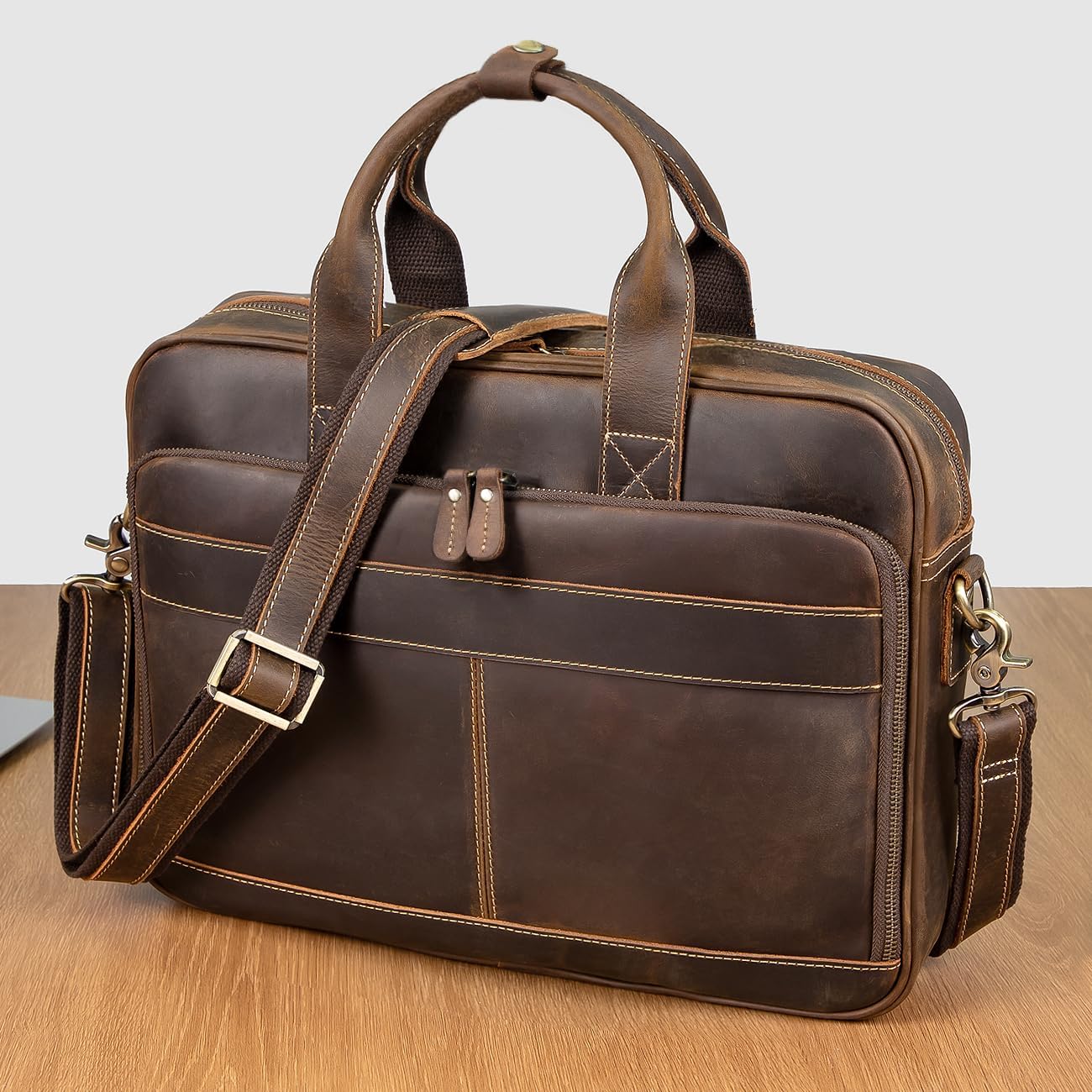 Augus Leather Messenger Bag for Men Vintage Travel Backpack 17 inch laptop Briefcase Shoulder Bags - Image 3