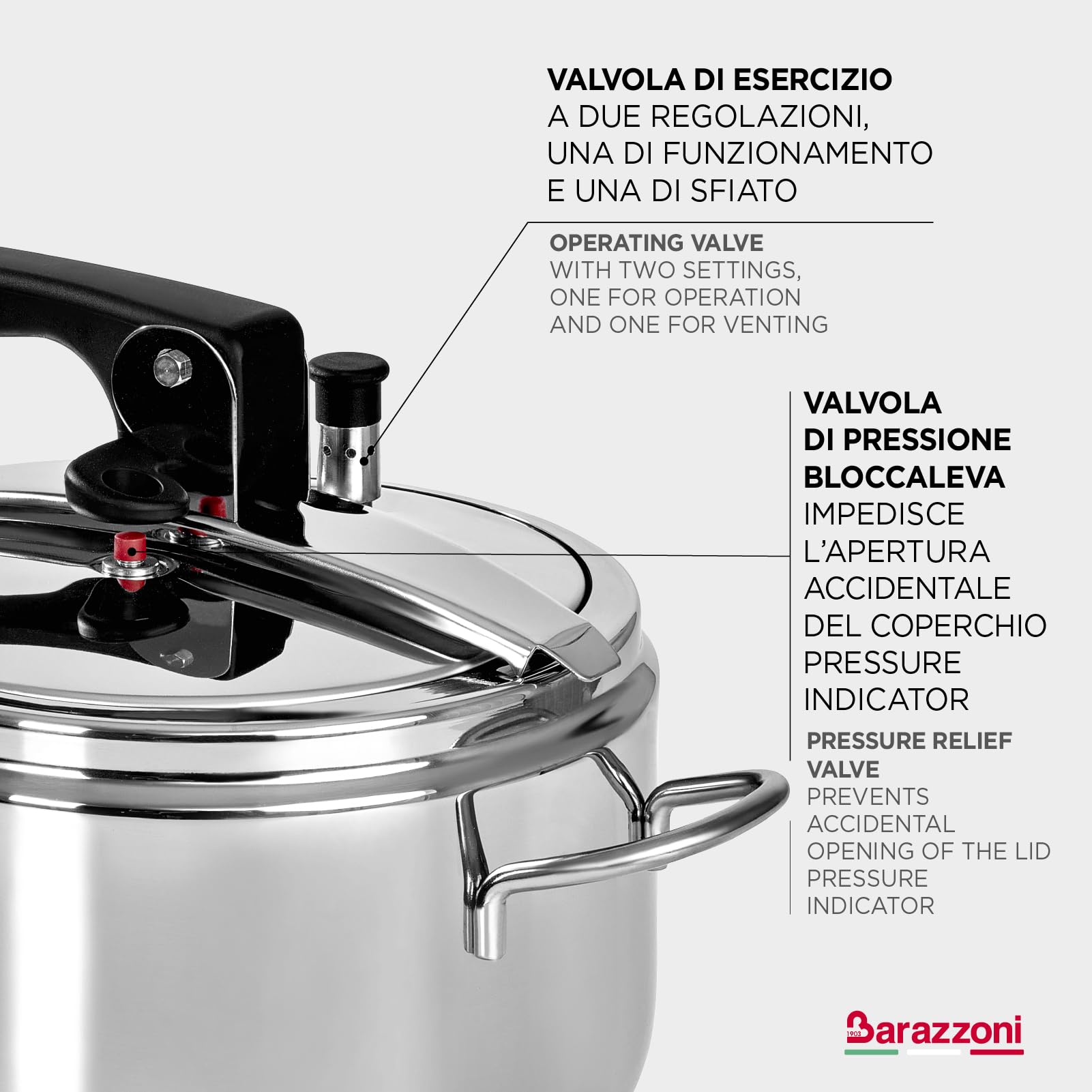 Pentola a pressione ø 22 cm - 5lt, Acciaio Inox 18/10, Con bloccaleva, Adatta a tutti i piani cottura induzione compresa, Made in Italy, Linea Basic