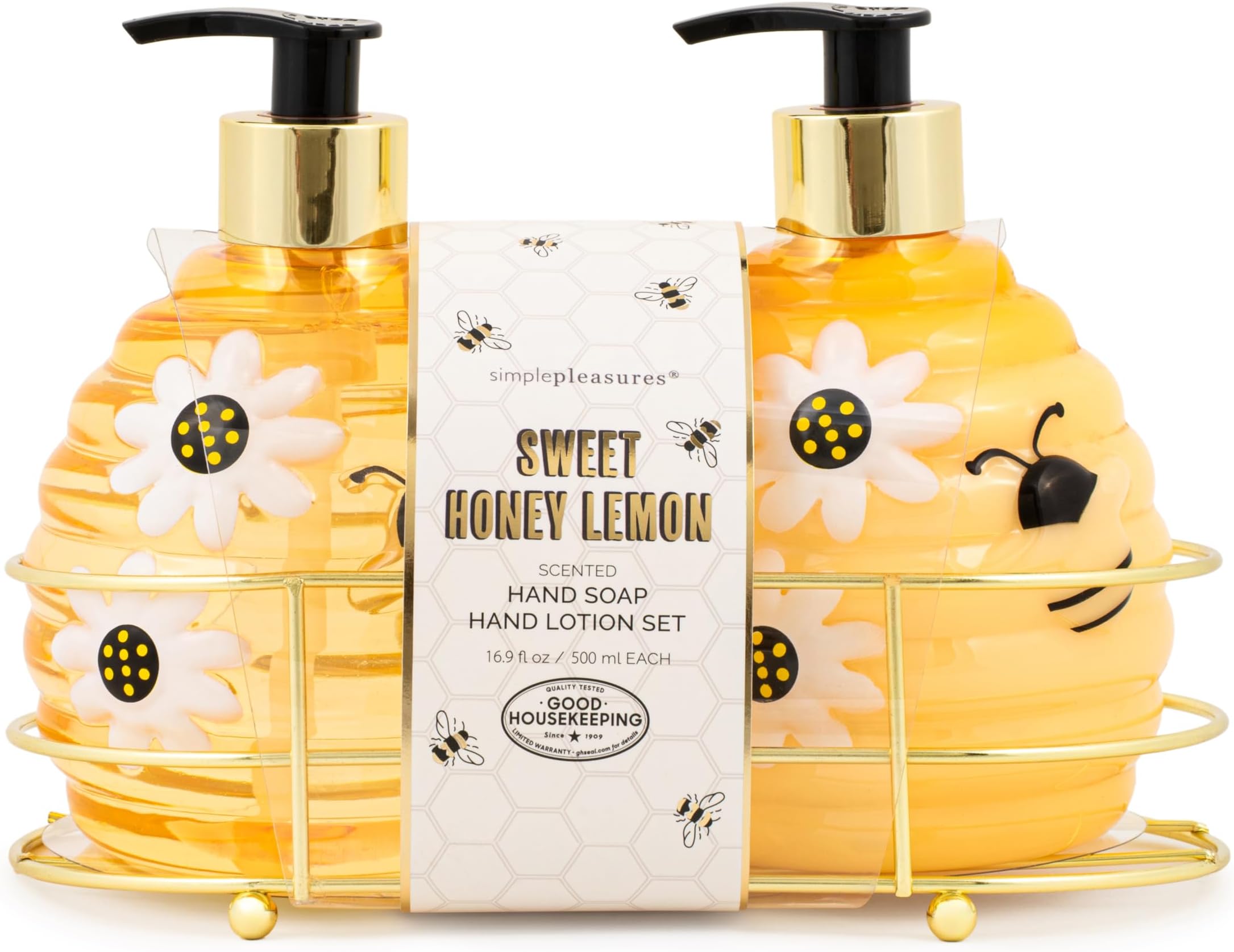 Simple Pleasures Beehive 2 Pack Sweet Honey Lemon Scented Liquid Hand Soap Dispensers - Plastic Novelty Decorative Refillable Hand Pumps for Kitchen Countertops and Bathroom Sinks