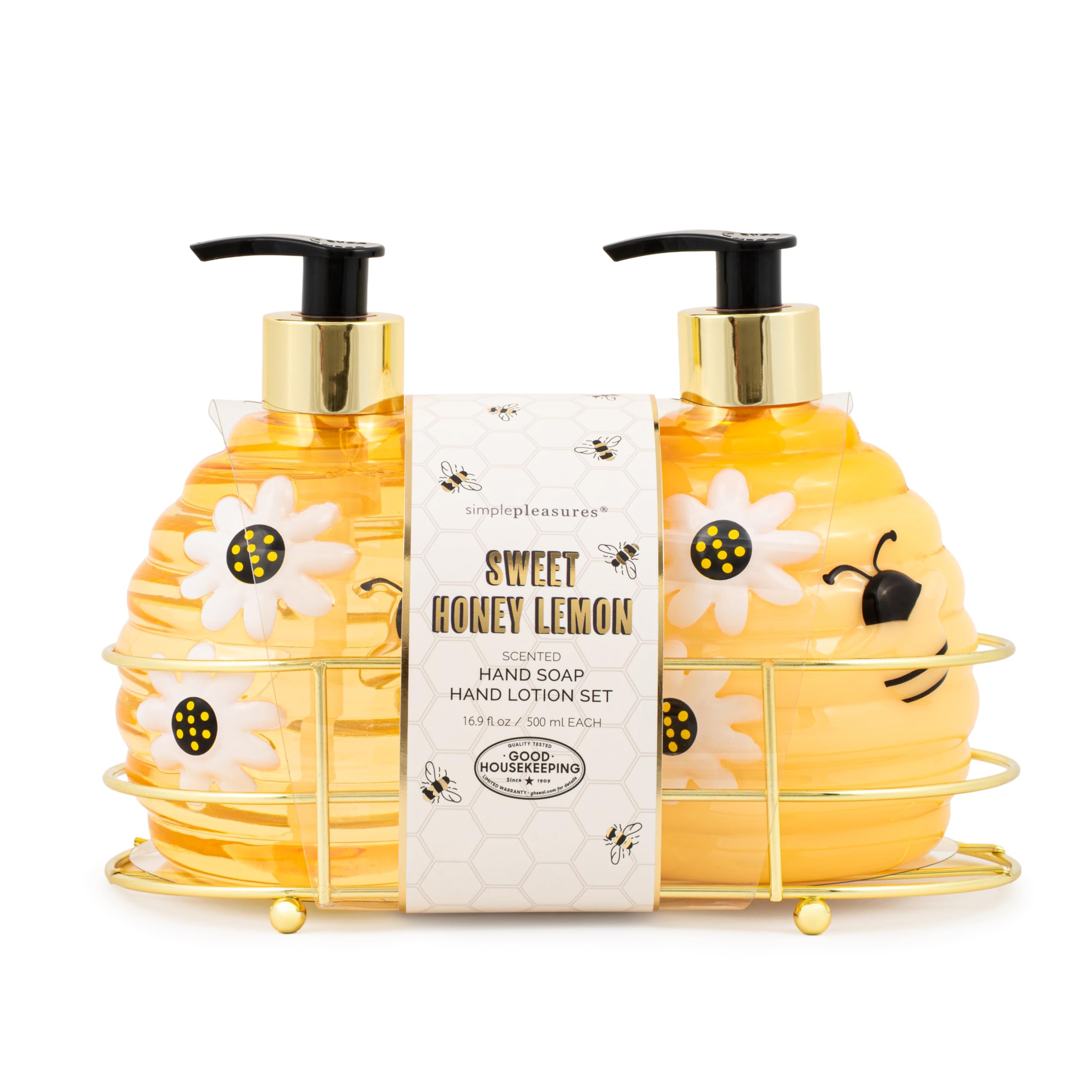 Simple Pleasures Beehive 2 Pack Sweet Honey Lemon Scented Liquid Hand Soap Dispensers - Plastic Novelty Decorative Refillable Hand Pumps for Kitchen Countertops and Bathroom Sinks