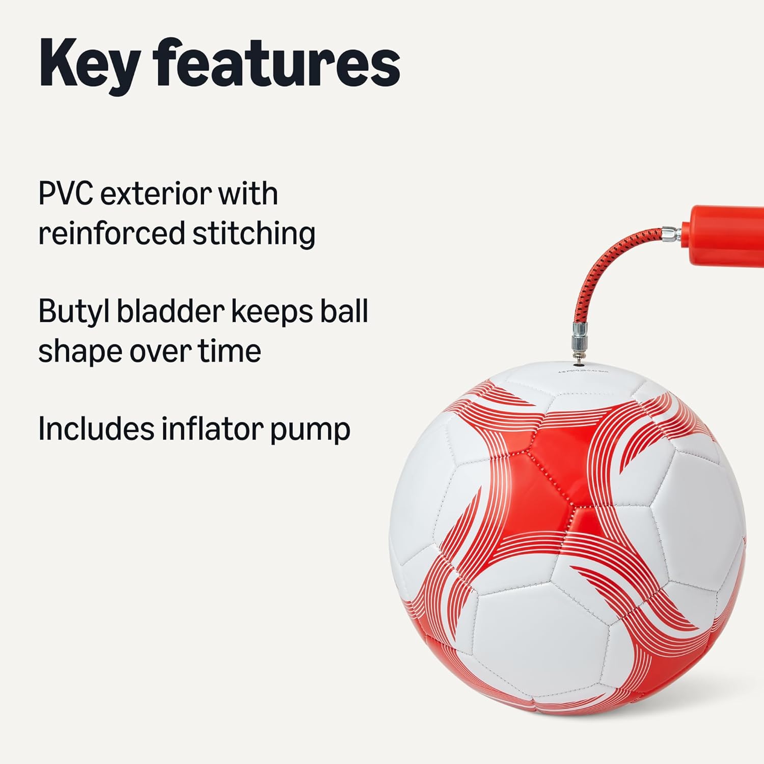 Amazon Basics Durable PVC Soccer Ball with Pump for Training and Practice, Indoor Outdoor Use, White and Red