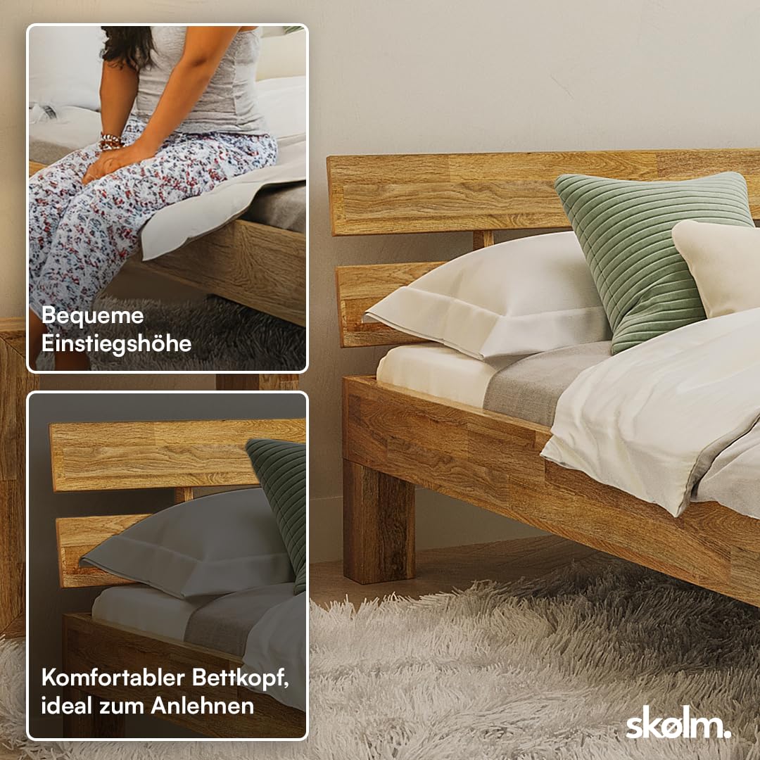 skølm Floki Massivholzbett 140x200 cm aus Eiche - hochwertiges Bettgestell - Bettrahmen mit Bettkopf - Holzbett in Natur geölt - Bett geeignet als Doppelbett - Futonbett Schlafzimmer