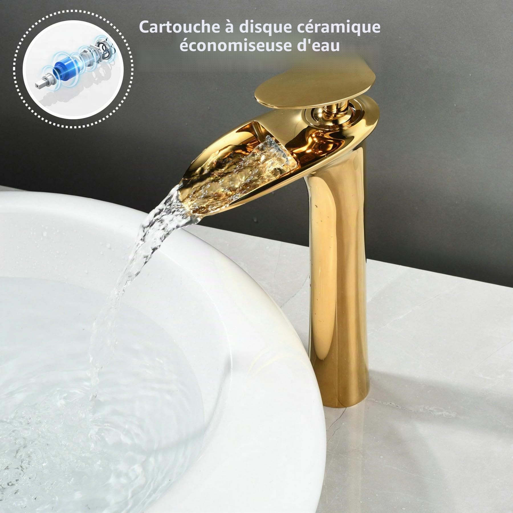 Mitigeur de Lavabo Cascade Doré: Robinet Salle de Bain Haute - Robinet pour Vasque - Robinettrie Or en Laiton SHUNLI