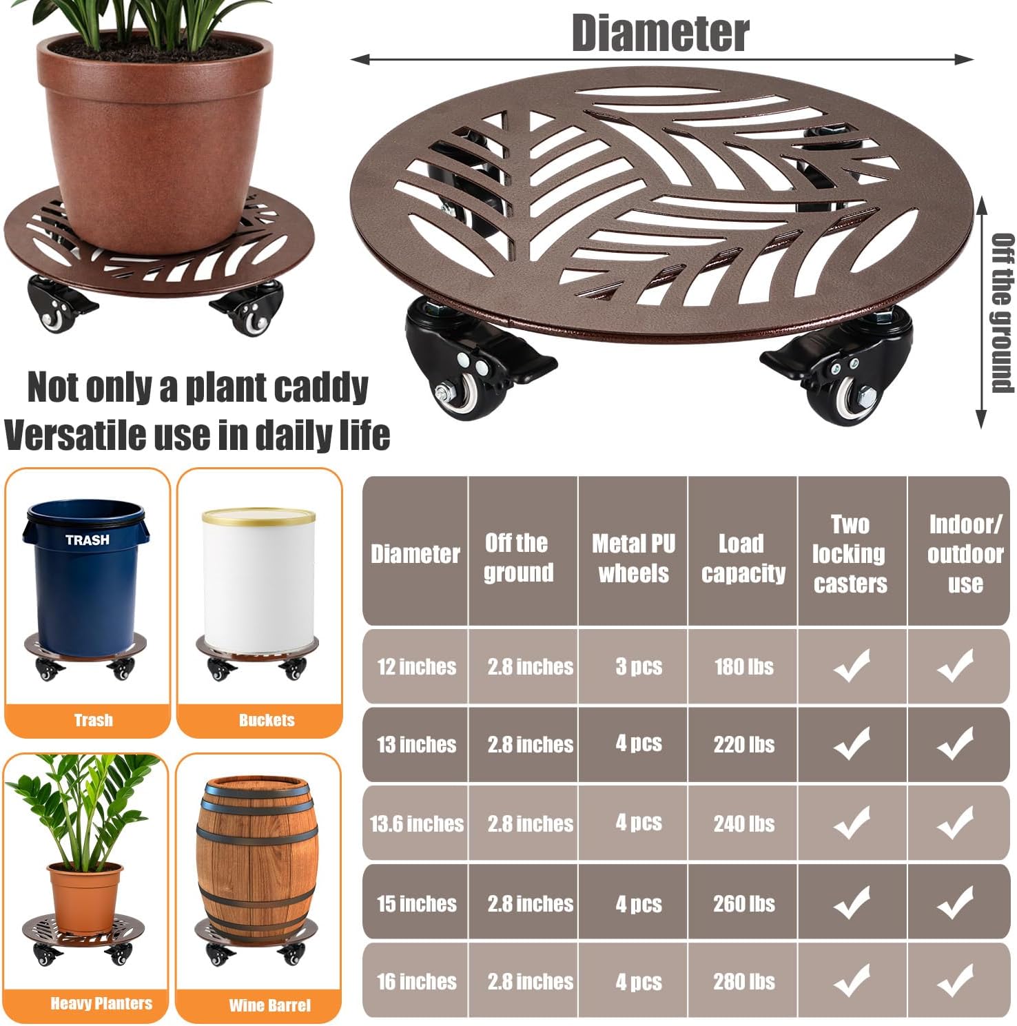 2-Pack Large Metal Plant Caddy with Wheels 13.6 Inches Heavy-duty Rolling Plant Stands with Casters Wheeled Flower Pot Mover Rollers Rust-proof Iron Planter Dolly Coasters for Indoor Outdoor Use