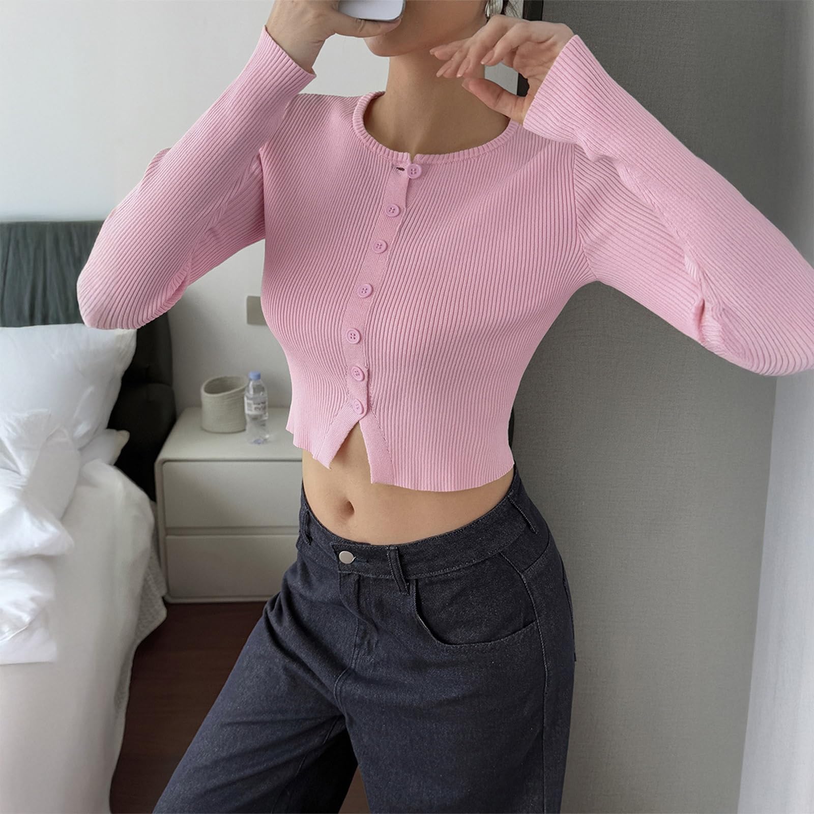 Cardigan Femme Court en Côtes Tricoté Casual Veste Chandail à Boutons Manches Longues Style Street Chic