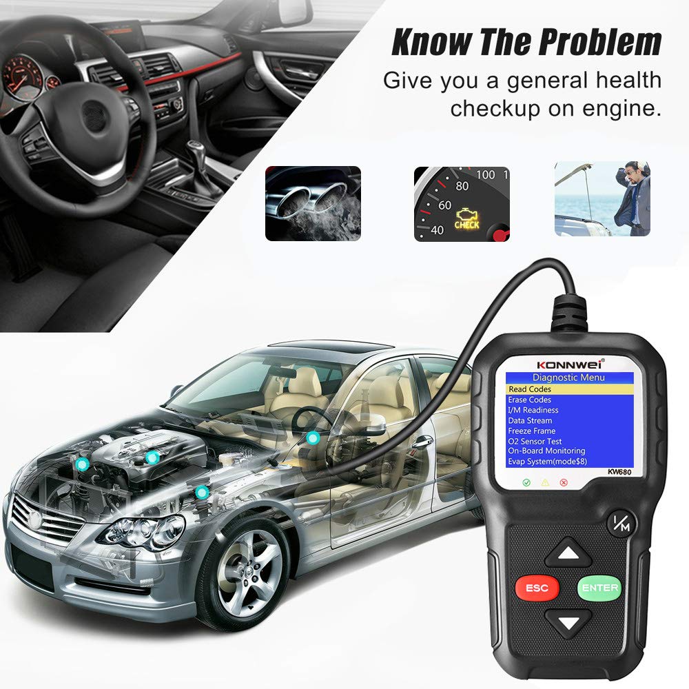 KONNWEI KW680 Diagnosis OBD2, Diagnostico Coche Multimarca apoya español,Lector de Códigos de Error, Diagnóstico Completo del Motor, Compatible con BMW/Peugeot/VW y Todos los Vehículos OBDII