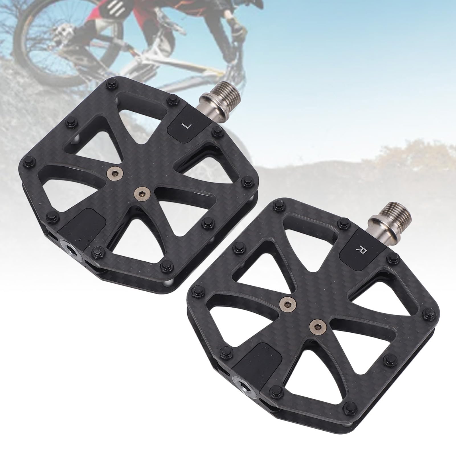 Yosoo Health Gear Pedały Rowerowe Pedały do ​​Rowerów Górskich z Włókna Węglowego 115 X 95 Mm z osią ze Stopu Ti 20 Kołków Antypoślizgowych Łożyska Igiełkowe dla Rowerów Składanych Dojeżdżających do