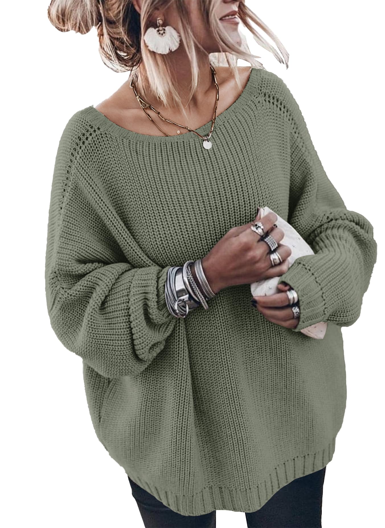 Oversized Sweaters for Women Trendy Chunky Batwing Long Sleeve Casual Crewneck Ribbed Pullover Tunic Sweater