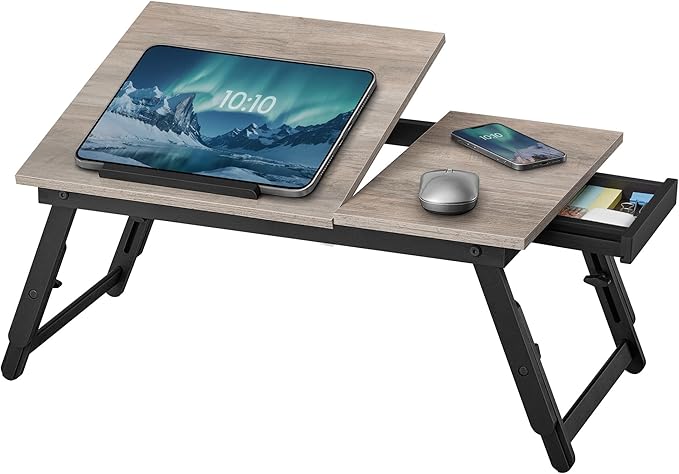 SONGMICS Table de Lit, pour Ordinateur Portable Jusqu’à 15,6 Pouces, Angle et Hauteur Réglables, Pliable, avec Tiroir, pour Travailler, Lire, Petit-Déjeuner, Pieds en Bambou, Grège Chiné LLD105W01