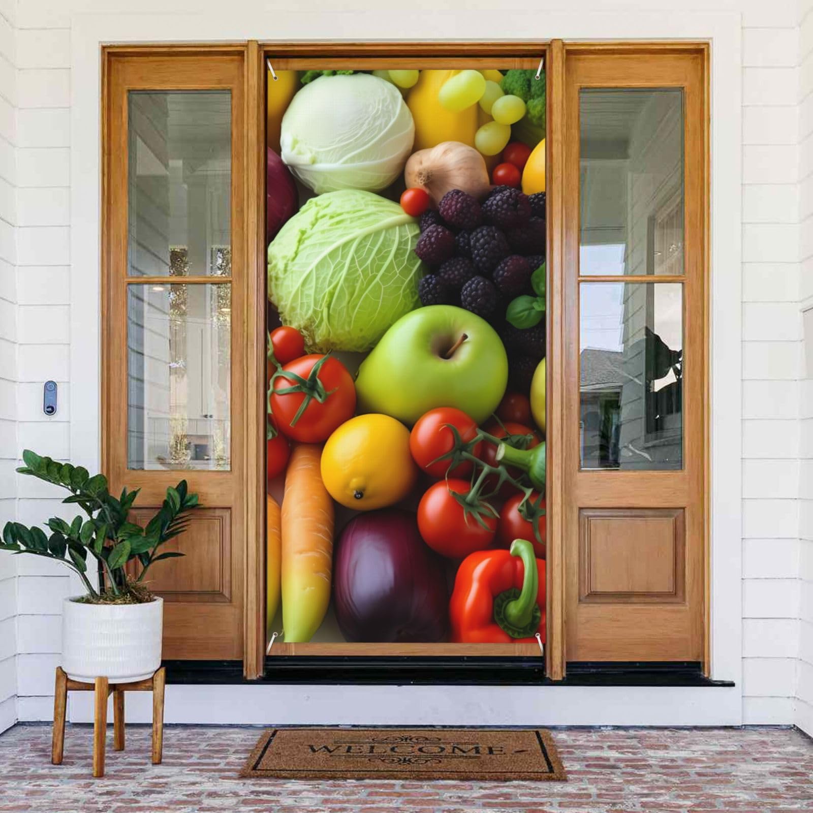 Welcome Door Cover Decoration Door Banner Photo Background Fresh Fruits and Vegetables Porch Door Sign Blackout Privacy Doorway Curtains Window