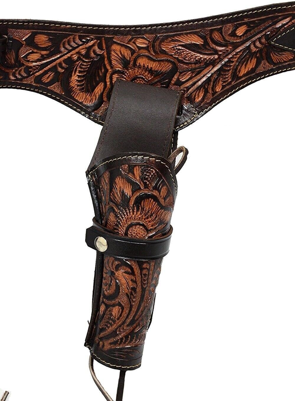 38/357 Caliber Western Leather Gun Holster & Belt - Cowboy Style Single Drop Rig Standard Barrel - Authentic Handmade Hand Tooled