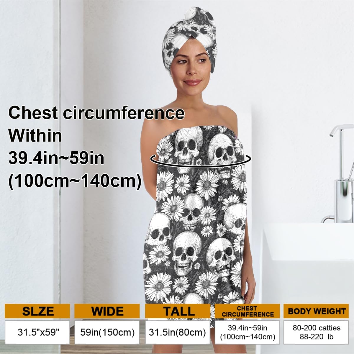 Gothic Bath Wrap Set with Hair Turban, Black White Skull Daisy Pattern, Spa Towel Wrap
