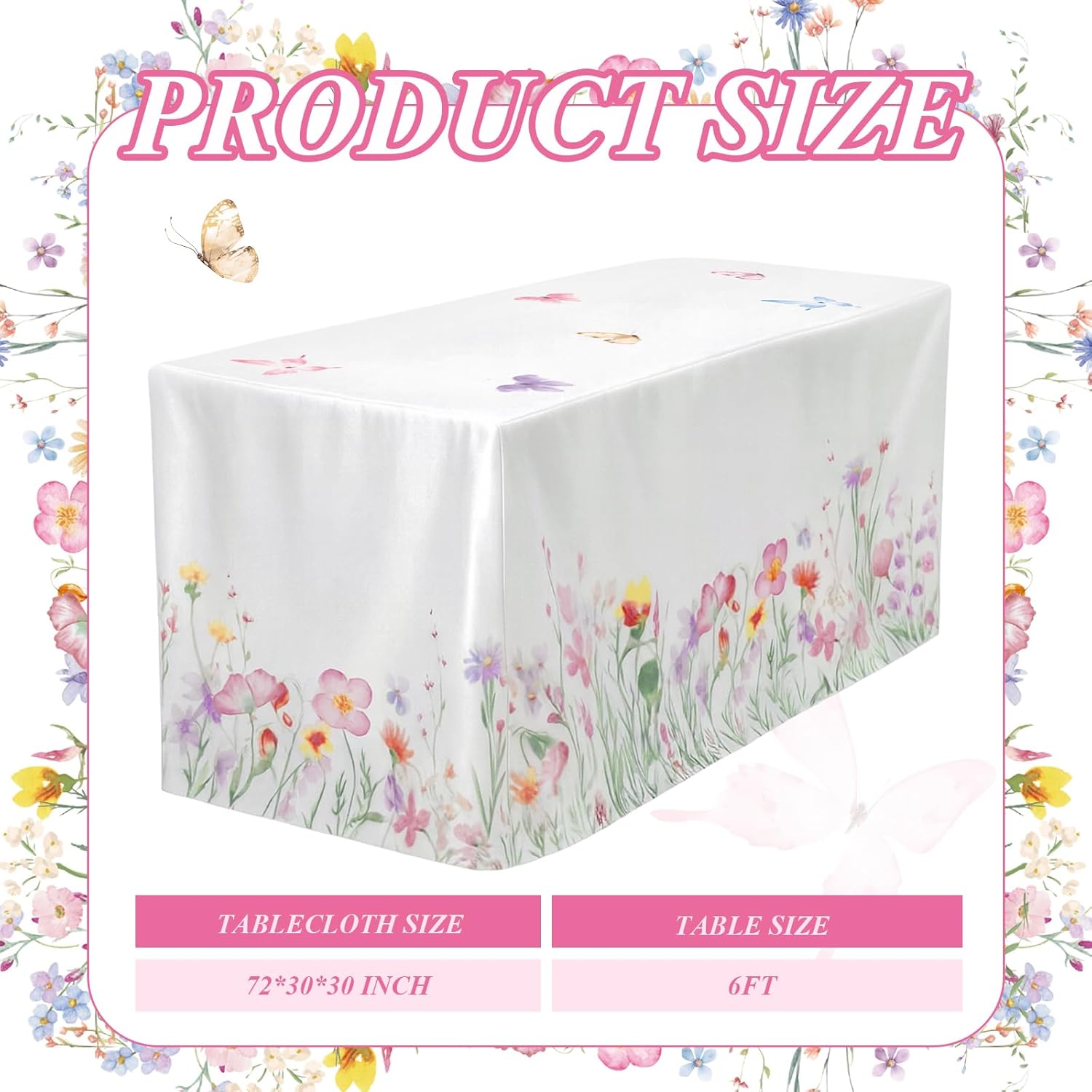 Tegeme 6 ft Wildflower Tablecloth Washable 72" x 30" Spring Flower Tablecloth Butterfly Rectangle Washable Fabric Polyester Table Cover Protector for Home Picnic Tea Easter Party Decoration