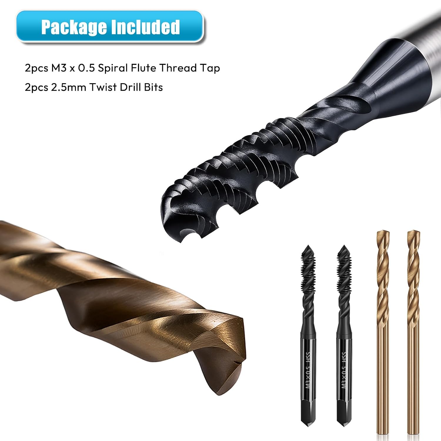 2Pcs M3×0.5 Spiral Flute Thread Tap and 2pcs 2.5mm Twist Drill Bit