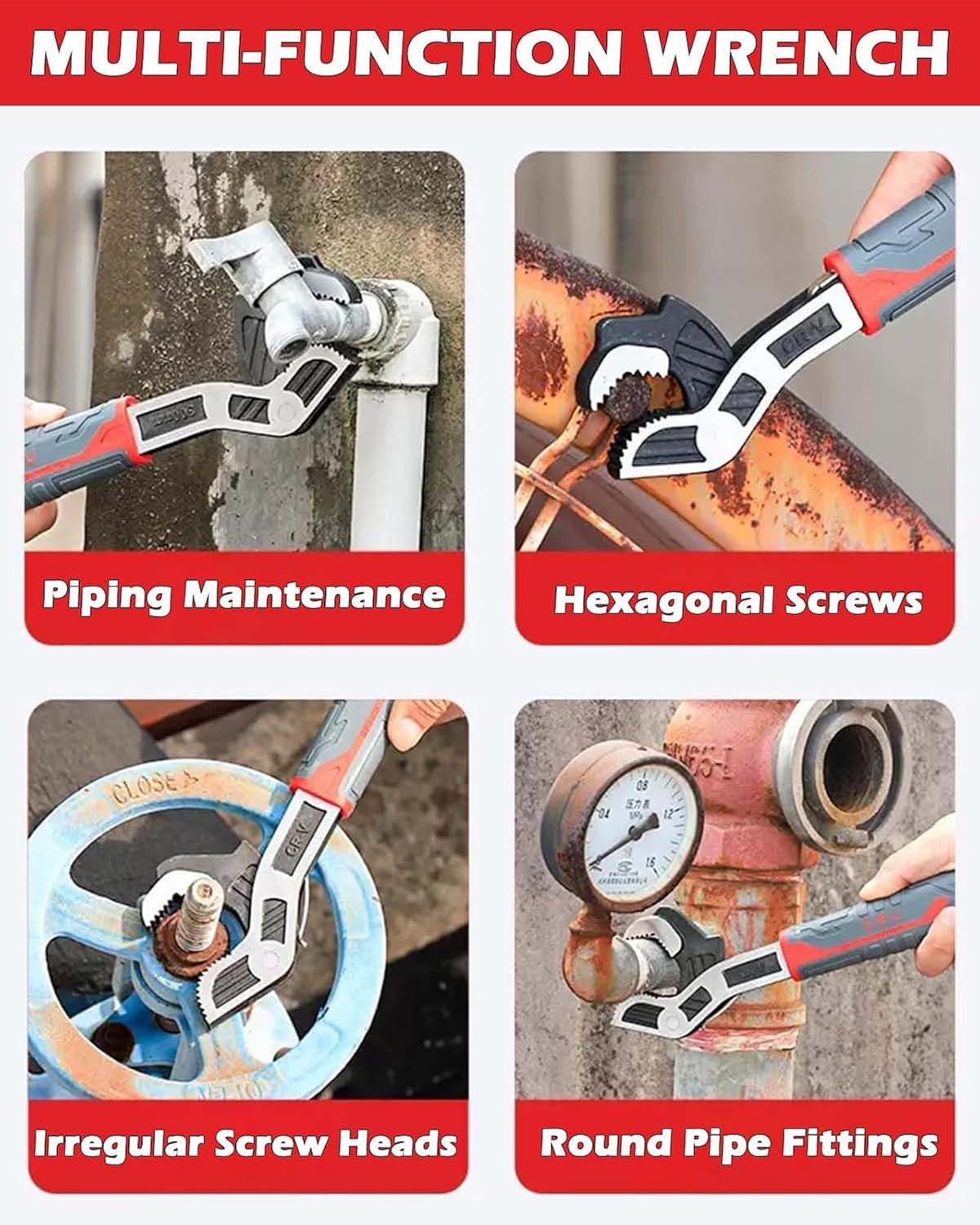 Self Adjusting Pipe Wrenc, Heavy Duty Pipe Wrench Set, 6" 8" 10" 12" Pipe Vise Wrench, Self Locking Universal Adjustable Pipe Wrench Grip Plumbing Wrench Set Widely Use on Pipe, Screw, Nut
