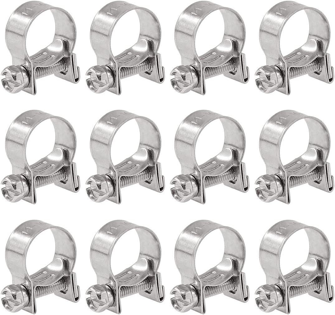 Glarks 12Pack 14-16mm Stainless Steel Mini Fuel Injection Hose Clamps Adjustable Pipe Hose Clip Tube Clamps Set (9/16''-5/8'' Dia)