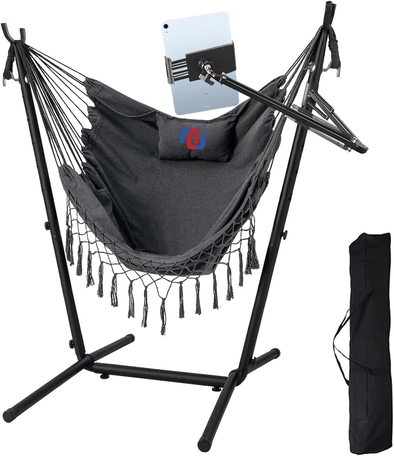 NUNET Hammock Chair with Stand Phone/Tablet Holder Included Portable Double Swing Chair Adjustable Height Steel Stand Macrame w. Pillow Indoor Outdoor Balcony Patio 300lbs Capacity (2025 Upgraded)