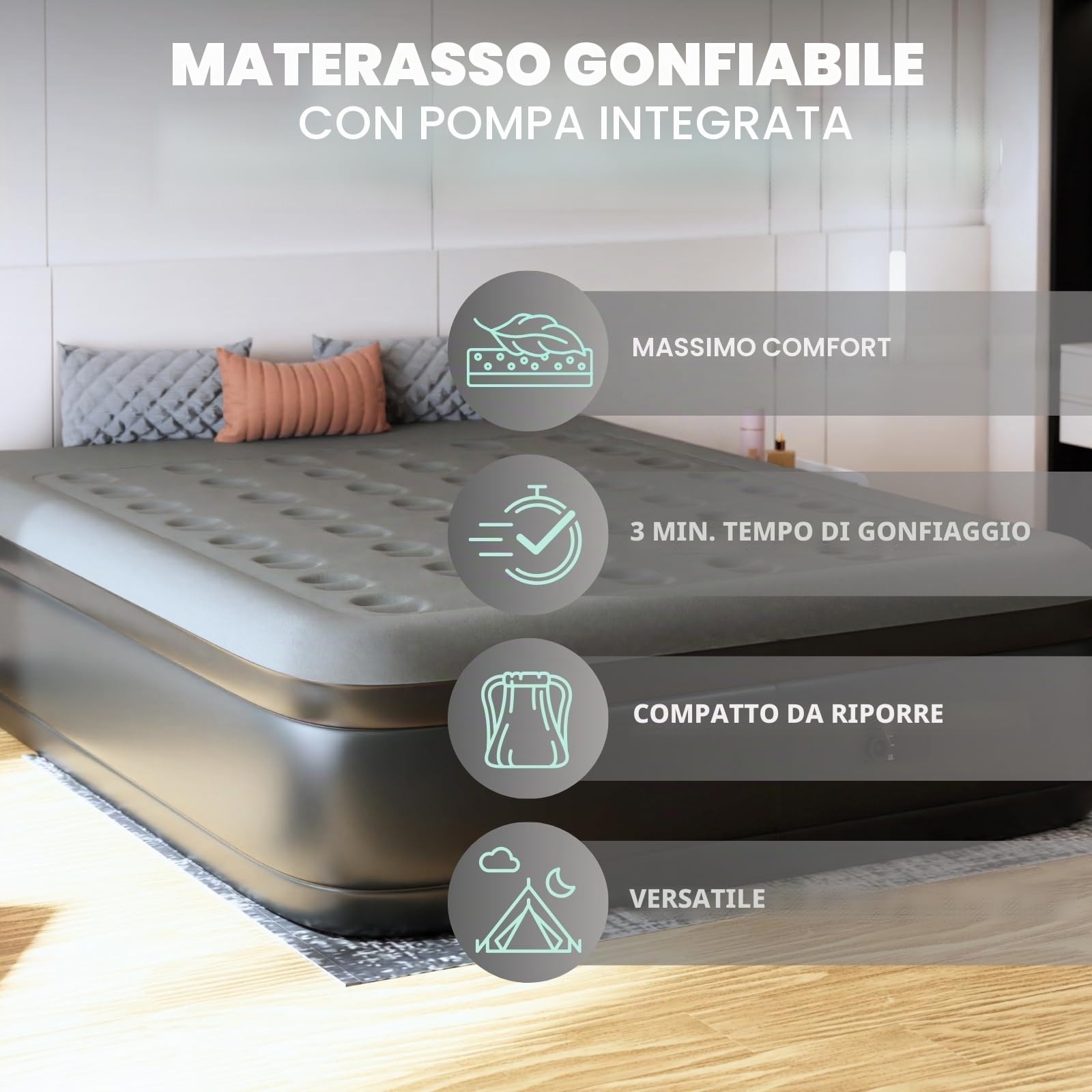 HAGO 24 materassi ad aria di alta qualità, 200 x 160 cm, letto gonfiabile per ospiti fino a 270 kg, comodo materasso ad aria autogonfiante, letto da campeggio di alta qualità