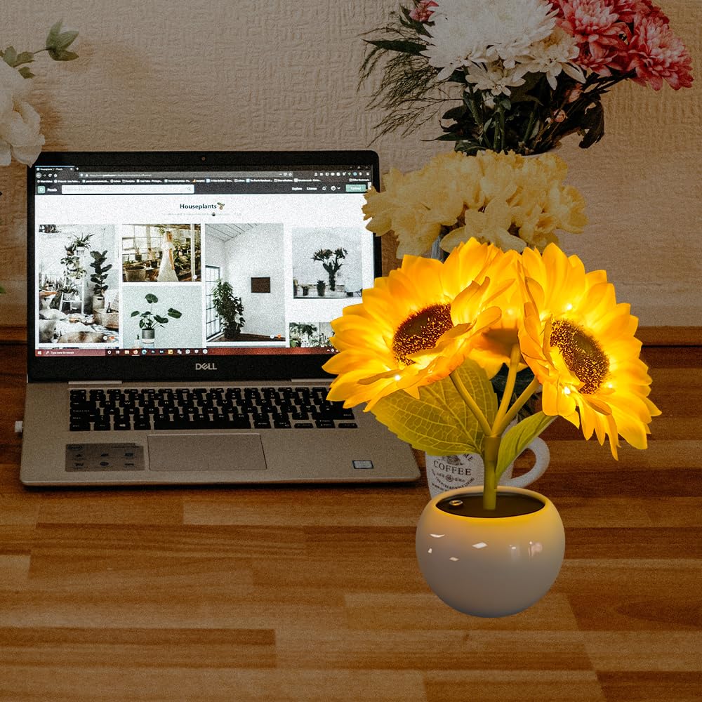 Lampada da Tavolo Girasole con Vaso in Ceramica Simulazione Fiore Luce d'Ambiente USB Ricaricabile Ornamenti per La Casa Soggiorno Matrimonio Desktop Decor