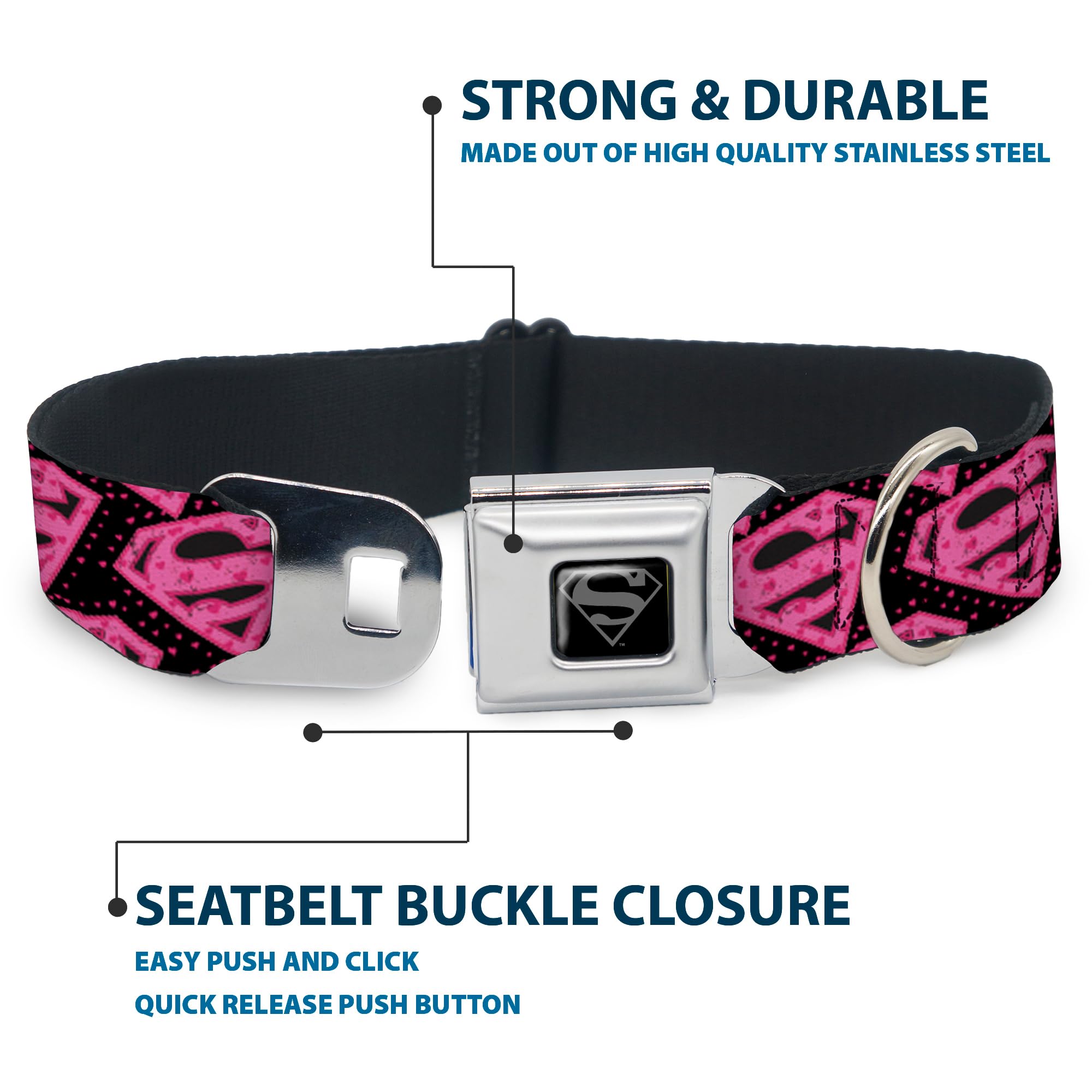 Buckle-Down Klamra pasa bezpieczeństwa obroża dla psa - ukośne logo Supermana z sercami czarne/różowe - szerokość 3,8 cm - pasuje na szyję 40-58 cm - rozmiar M
