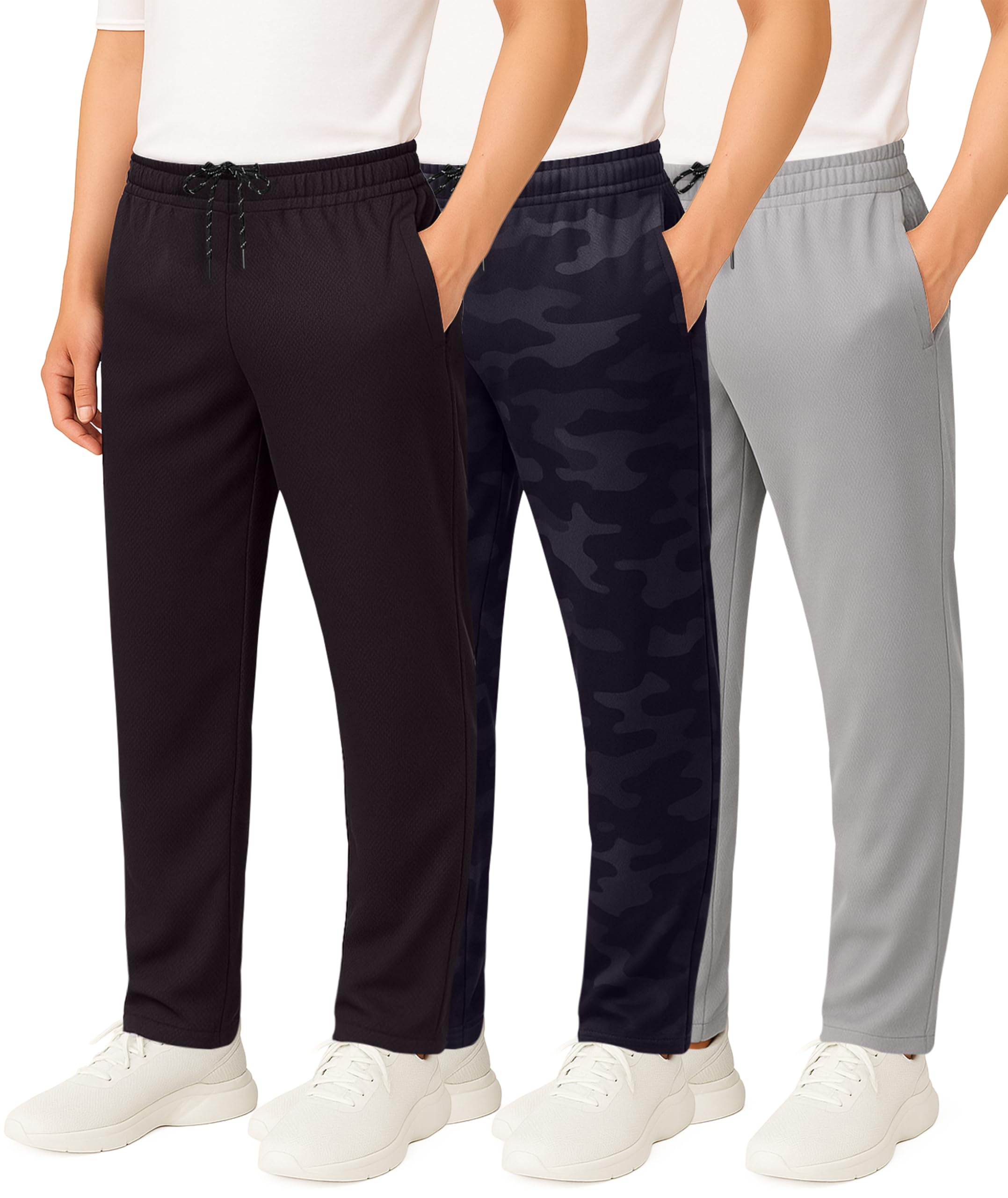 Real Essentials 3 Pack: Boys' Mesh Open Bottom Active Sweatpants with Pockets & Drawstring