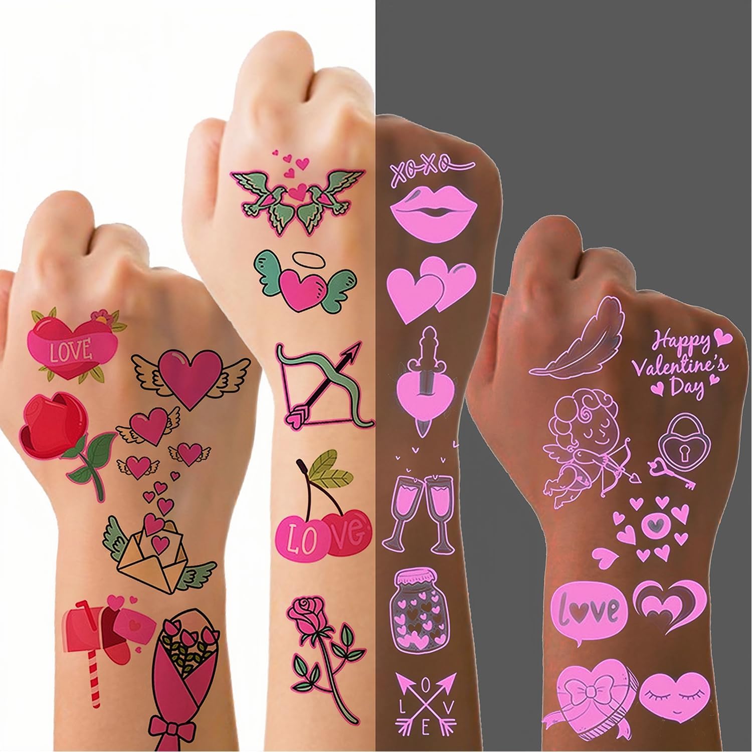 Tazweeq Valentines Day Temporary Tattoo Adult Kids, Romantic Red Heart Fake Tattoos, Love Gift Pink Luminous Tattoo Stickers, Glow at Night Semi Permanent Tattoo, for Women Valentines Decoration