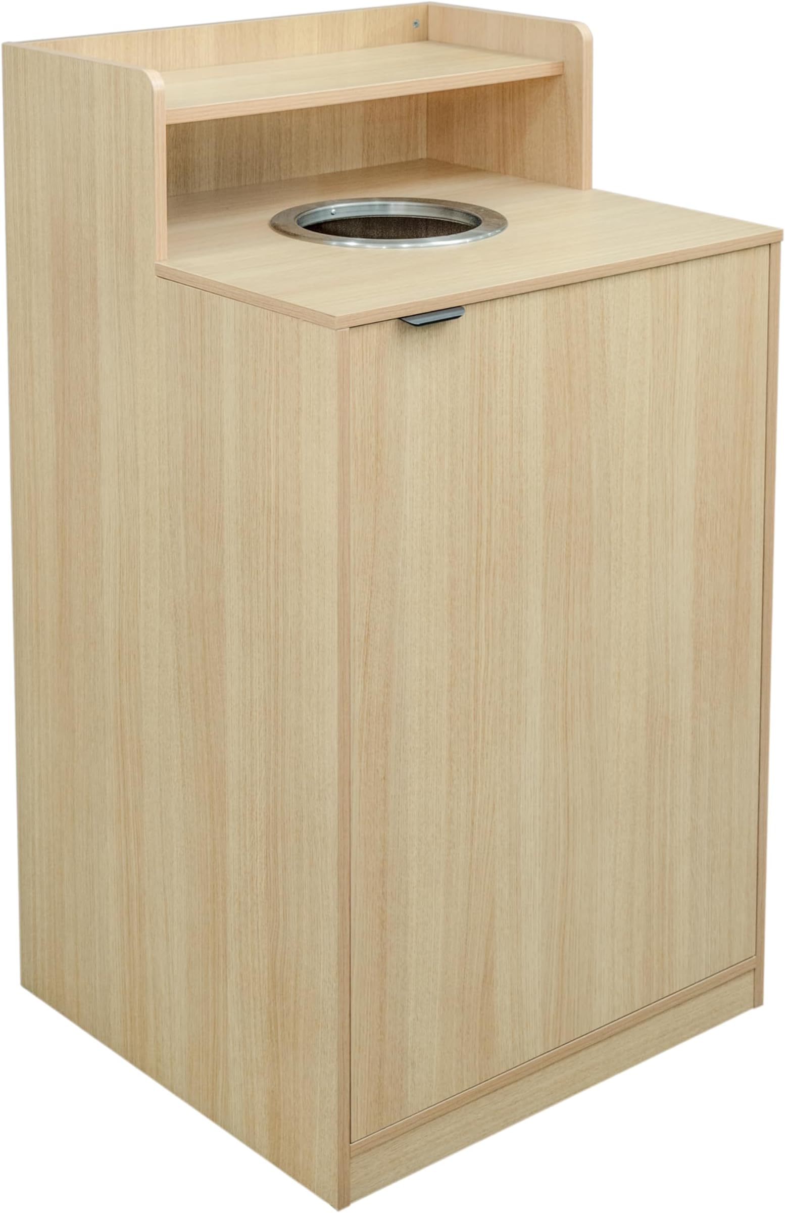 Flash Furniture Dell Trash Can Enclosure with Tray Shelf and 8" Drop Hole, Commercial Grade Trash Receptacle for 32 Gallon Round Cans, Swing Door Access, Oak