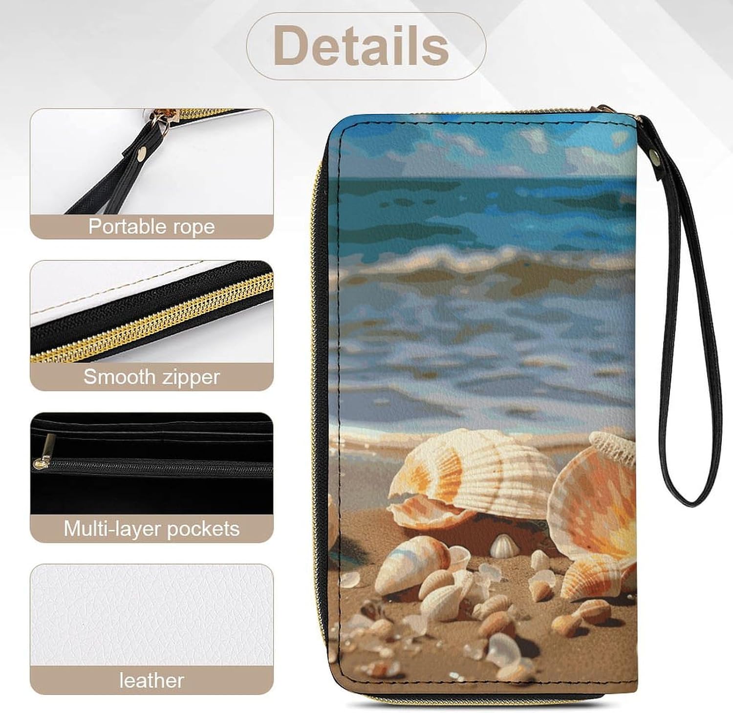 Classic Durable Seashells on The Sandy Beach Printed Leather Card Holder with Rope, Suitable for Both Men And Women, Ideal Daily Storage Tool, Simplifies Your Life, Can Be Used As A Holiday Gift