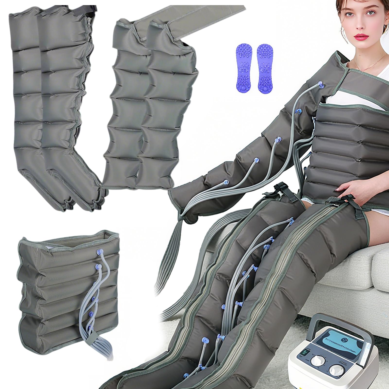 Máquina de Presoterapia para Casa 6 Cámaras, Piernas+Abdomen+Brazos M | Profesional Drenaje Linfático Masajeador de Compresión de Aire, Recuperación Muscular, Circulación, 30–240 mmHg, 0–30 Min