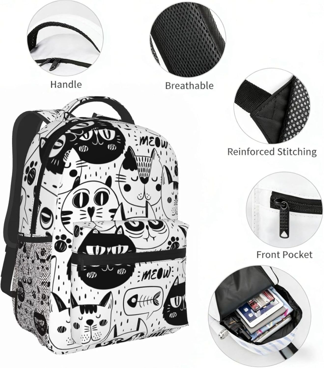 Black White Cat Faces Laptop Backpack For Men Women, Multifunctional Lightweight Daypack Bookbag For Daily Commutes Business Travel Hiking