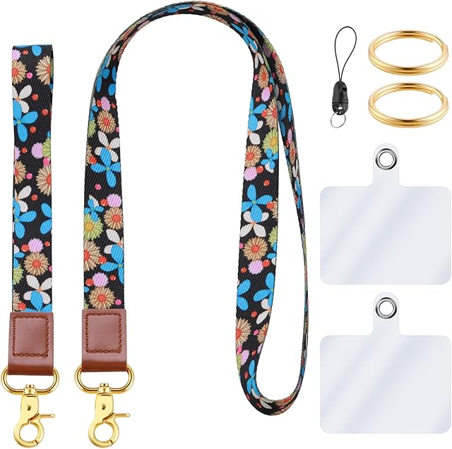 Cobee Cell Phone Lanyards, Floral Print Crossbody Phone Lanyard + Stylish Phone Hand Wrist Strap Adjustable Neck Lanyard Sholder Neck Straps with 2 Pcs Transparent Pads and Metal Clasp Keyrings