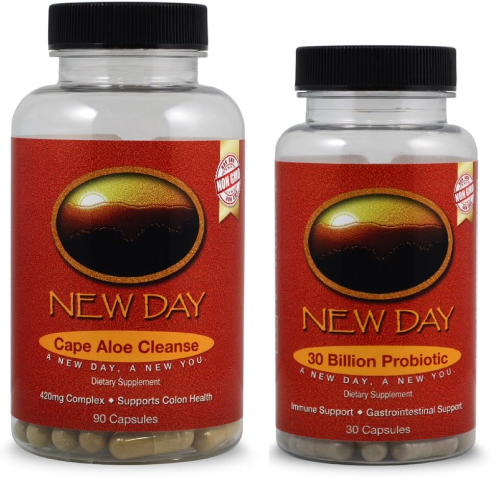 New Day Cape Aloe 15 Day Cleanse with New Day 30 Billion Probiotic, Time Release, 30 Vegetable Cap, 30 Servings, Non-GMO, Combo Pack