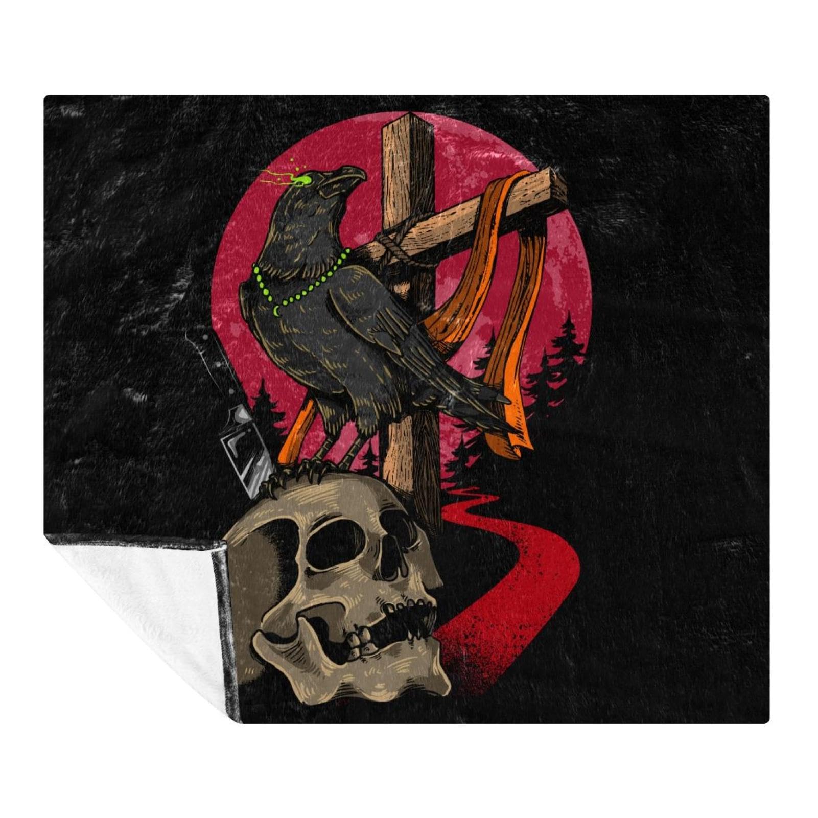 Couverture polaire plaid tête de mort corbeau lune rouge lit et canapé microfibre 150x130cm